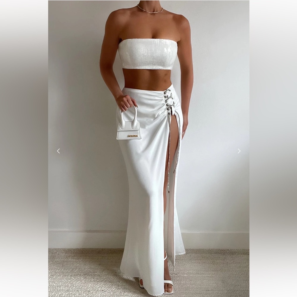 THE SEQUIN BANDEAU & THE DRAPED SKIRT - WHITE